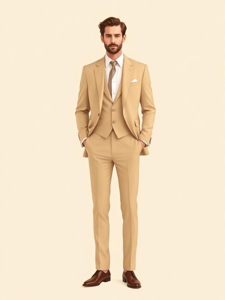 Ejemplo de vestimenta para ellos: traje formal en tono beige